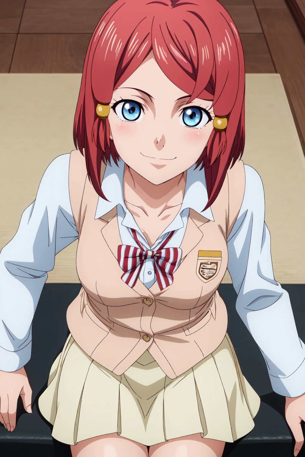 best quality, anime screencap, anime coloring, 1girl, solo, short hair, blue eyes, red hair, hair tubes, rose_sparrow, skirt, shirt, long sleeves, bow, school uniform, collarbone, white shirt, pleated skirt, striped, collared shirt, red bowtie, dress shirt, white skirt, striped bow, striped bowtie, (light brown vest:1.3), Sitting with back straight and legs crossed, leaning slightly to one side with an inviting expression, smile, blushing, closed mouth