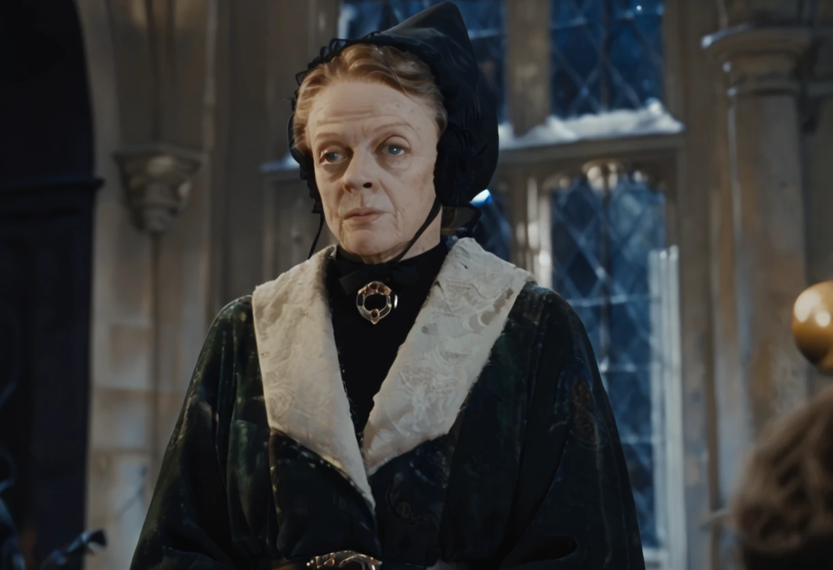 Minerva McGonagall, solo, single person, 1girl, modern 4K movie screencap, UHD 8K, Maggie Smith, white ushanka, oversized hood with fluffy edges, long white winter coat with fur edges, white fur trim,white snow shawl with fur edges, Waist Belt, Layered Design, white boots, gloves, cinematic angle, volumetric lighting