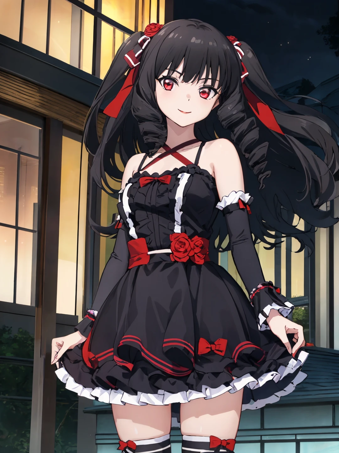 <lora:Kuroba_Ayako_0Rv9:0.7>
yoru-ojousama, black hair, long hair, drill hair, red eyes, hair ribbon, hair ornament, red hair flower, makeup
black dress, frilled dress, detached sleeves, ribbon, black thighhighs
masterpiece, best quality, ultra-detailed, detailed, detailed skin, absurdres, 8k, digital art
1girl, solo, facing viewer, standing, looking at viewer, smile, standing, cowboy shot
(outdoors, park, city, building, cherry blossoms, tree, bush, flower bed, street, stone floor)