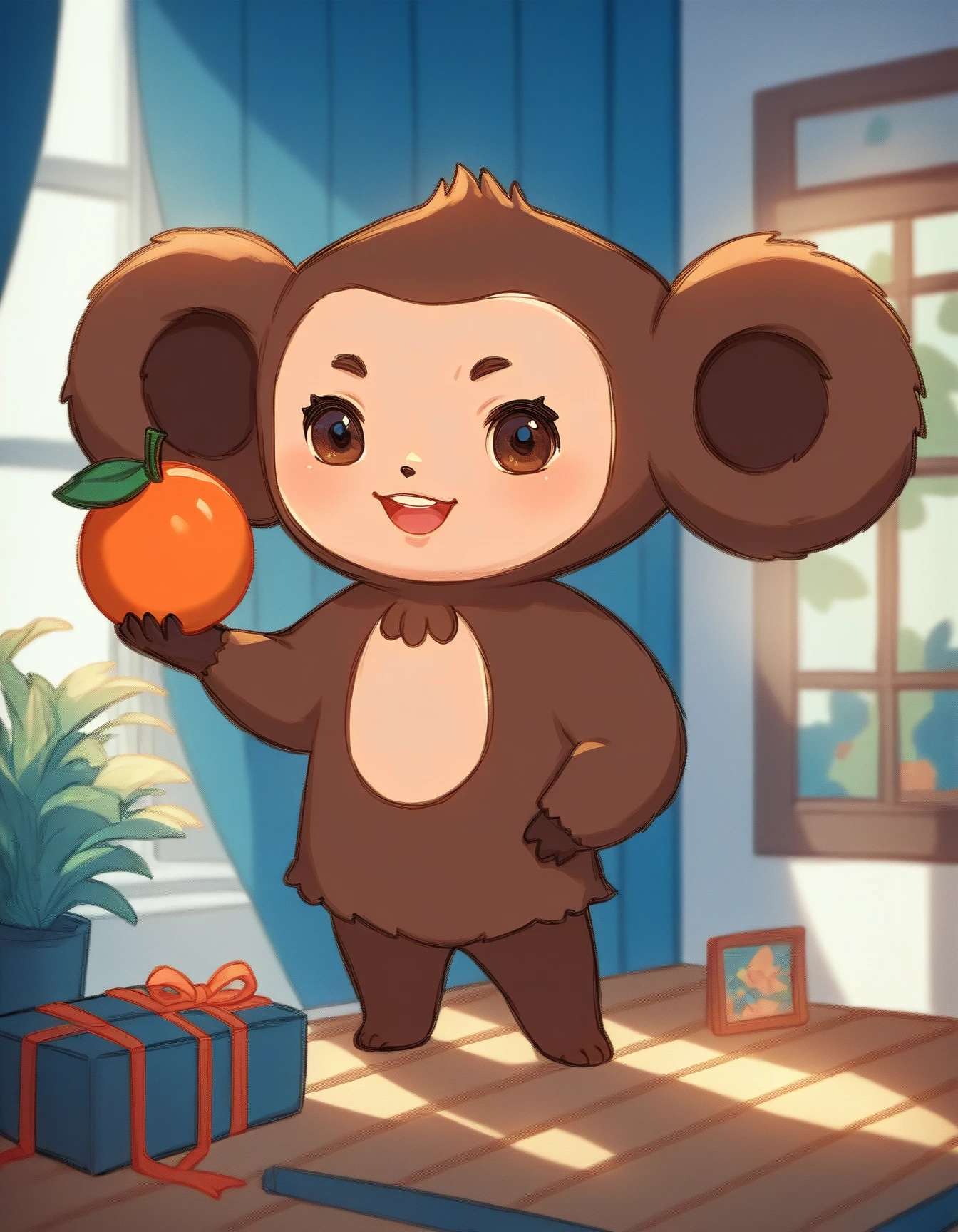 score_9, score_8_up, score_7_up, score_6_up, score_5_up, score_4_up, pokemon (creature), chibi, solo
Cheburashka, brown skin, light face, brown eyes, holding mandarin, inside house
<lora:Cheburashka_XL:0.9>