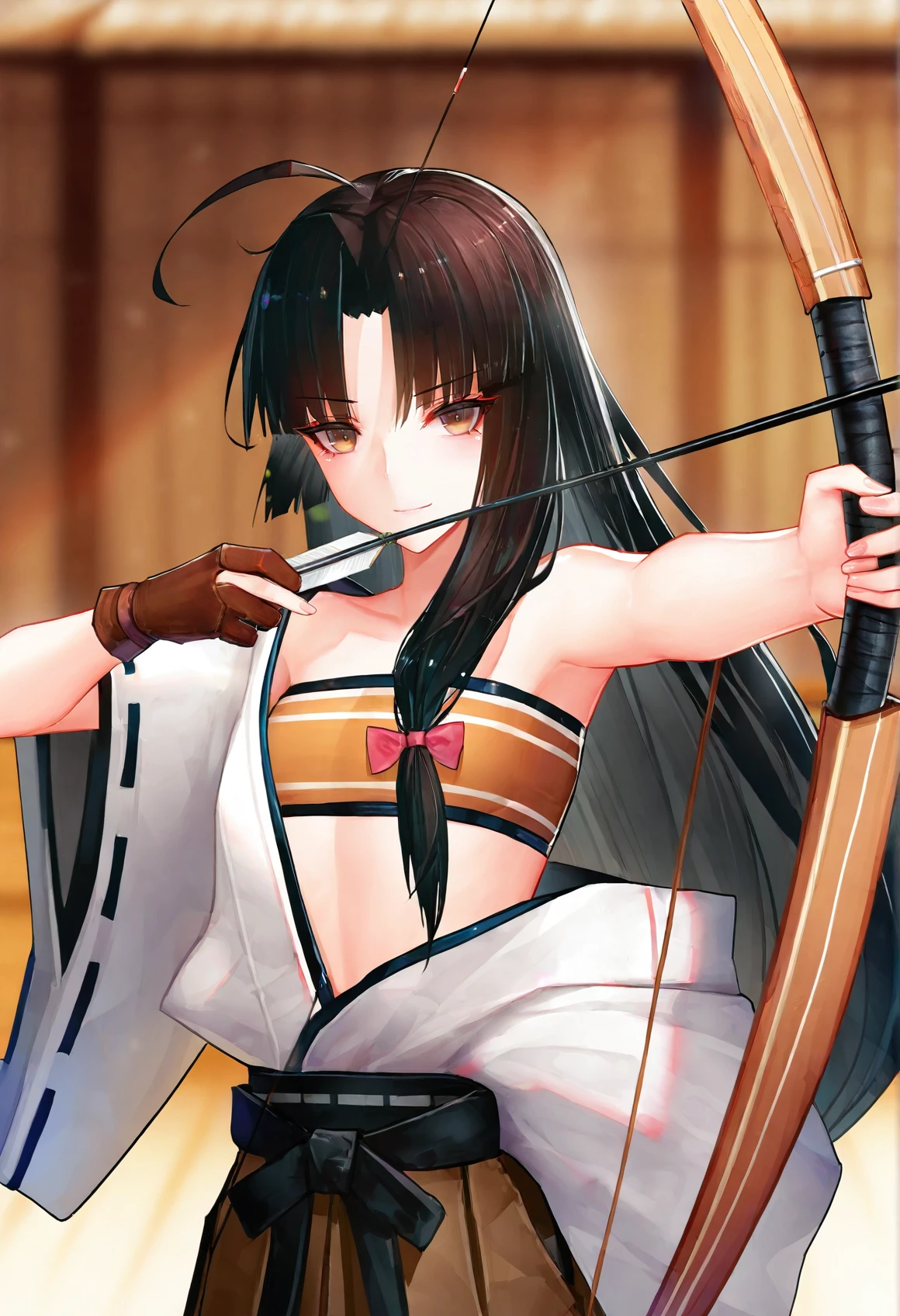 1 girl, solo, Kisaragi from Kancolle, swinging katana, detailed katana, straight katana, one katana, detailed eyes, sparkling eyes, masterpiece, best quality, full body, shiny skin, shiny hair, sweaty, purple miniskirt, white transparent wet tank top torn in half, wet clothes, no bra, perky tits, camel's toe, small breasts, midriff, purple eyes, shiny brown hair, purple flower in hair, tall, long hair, straight hair, hair between eyes, standing, black highleg panties, sword in hand, underboob, side boob, black thigh-highs, standing, cherry blossoms,