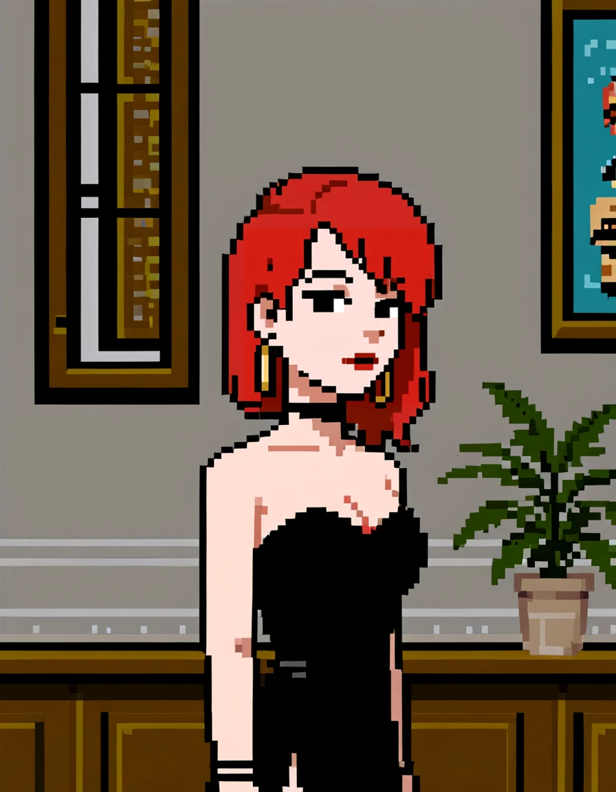 <lora:PonyXL - Razor - Maniac Mansion - 1990 - Epoch 8:0.75>, pixelart, MM_Razor, 1girl, red hair, swept bangs, straight hair, razored hair, medium hair, asymmetrical hair, black eyes, breasts, cleavage, punk, jewelry, single hoop earring, makeup, red lipstick, black choker, black dress, slit dress, bare shoulders, shoulders, neck, face, indoors, looking at viewer, facing forward, close up,, source_cartoon, score_9, score_8_up, score_7_up, score_6_up, score_5_up, score_4_up,