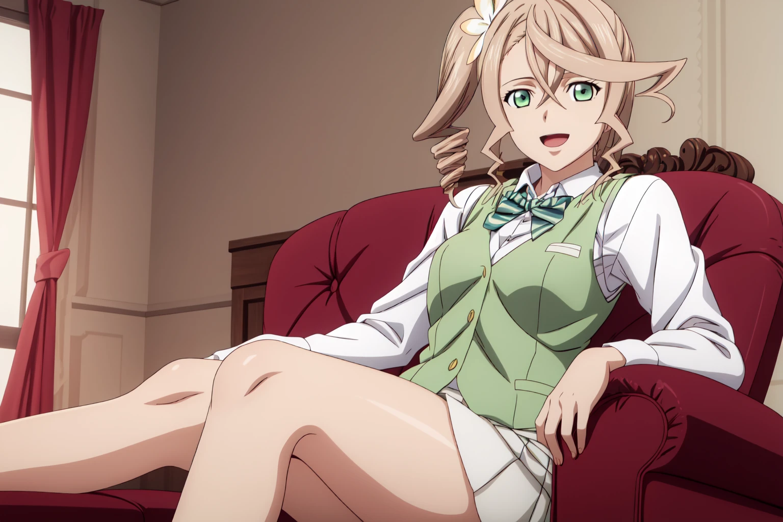 best quality, anime screencap, anime coloring, 1girl, solo, short hair, almond blonde hair, hair ornament, green eyes, side ponytail, drill hair, alisha_diphda, skirt, shirt, long sleeves, bow, school uniform, collarbone, white shirt, pleated skirt, striped, collared shirt, red bowtie, dress shirt, white skirt, striped bow, striped bowtie, (green vest:1.3), mature women, Seated on a velvet chaise longue in a sunlit boudoir, she radiates sensuality and quiet confidence, light smile, open mouth