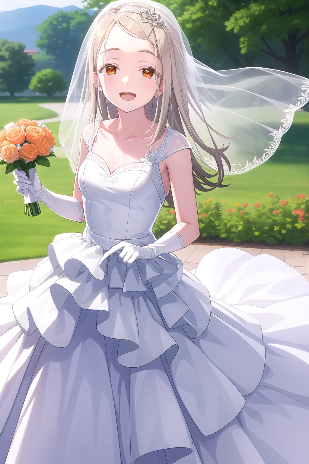 (masterpiece, best quality), highly detailed background, perfect lightingbest quality, shinosawahiro, solo, outdoors, nature, bridal veil, grey hair, parted bangs, forehead, wavy hair, gradient hair, long hair, orange eyes, medium breasts, wedding dress, white dress, white gloves, frilled skirt, smile, open mouth, ^o^,  <lora:Shinosawa-Hiro:0.7>