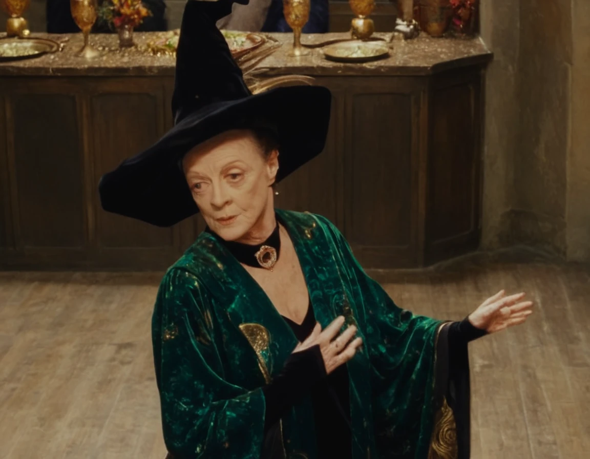 Minerva McGonagall, portrait, solo, single person, 1girl, modern 4K movie screencap, UHD 8K, Maggie Smith, female, solo, Dancing in a tango pose, from above, oriental woman at a masquerade ball, jewelled earrings, necklaces, sequinned robes, wearing an elaborate masquerade dress, directional lighting illuminating her from one side, witch hat, bright sunny exterior,