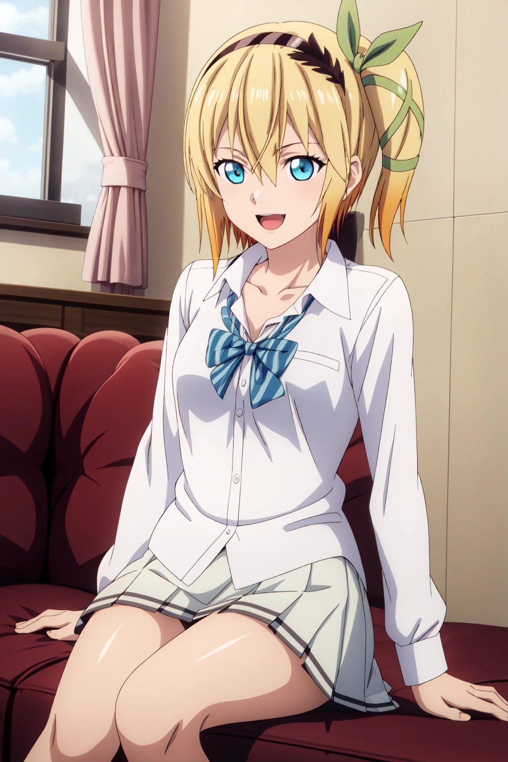 best quality, anime screencap, anime coloring, 1girl, short hair, blue eyes, blonde hair, hair between eyes, hair ribbon, hairband, side ponytail, edna_yulind, skirt, shirt, long sleeves, bow, school uniform, collarbone, white shirt, pleated skirt, striped, collared shirt, red bowtie, dress shirt, white skirt, striped bow, striped bowtie, Seated on a velvet settee, she gazes out of a grand window, lost in nostalgic reverie, smile, open mouth