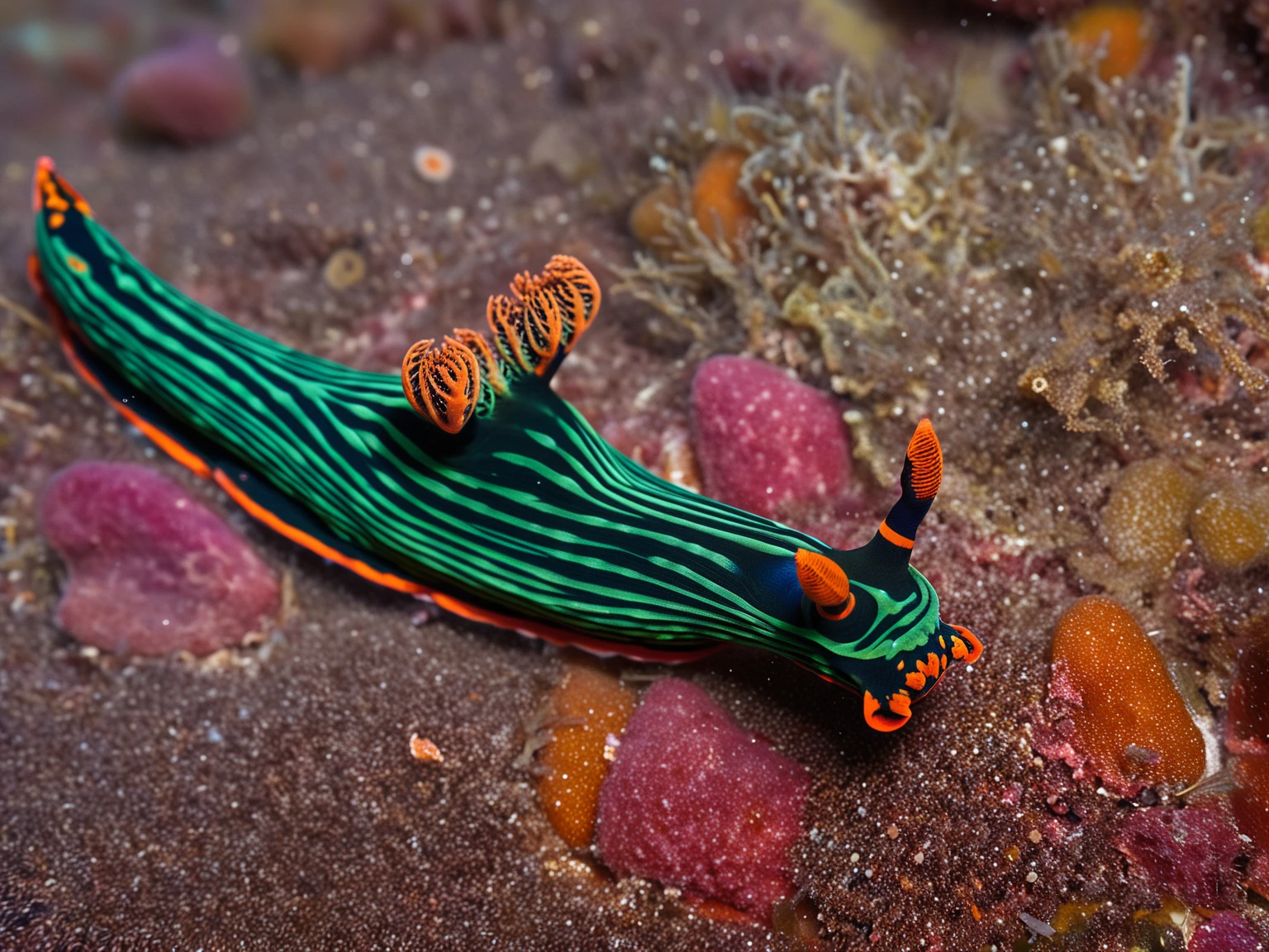 underwater photo of a nembrotha kubaryana, stretched body, water surface, light particles, marl
BREAK
intricate detail, vibrant colors