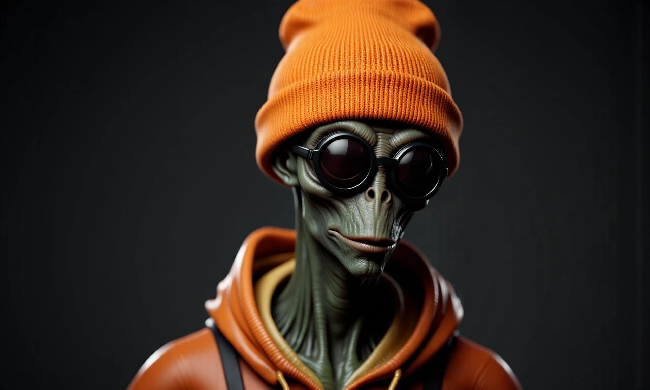 professional 3d model candid photo of a (strict alien:1.25),, a extraterrestrial character hybrid, orange beanie, sunglasses,
 <lora:Alienator-NT:1> . octane render, highly detailed, volumetric, dramatic lighting