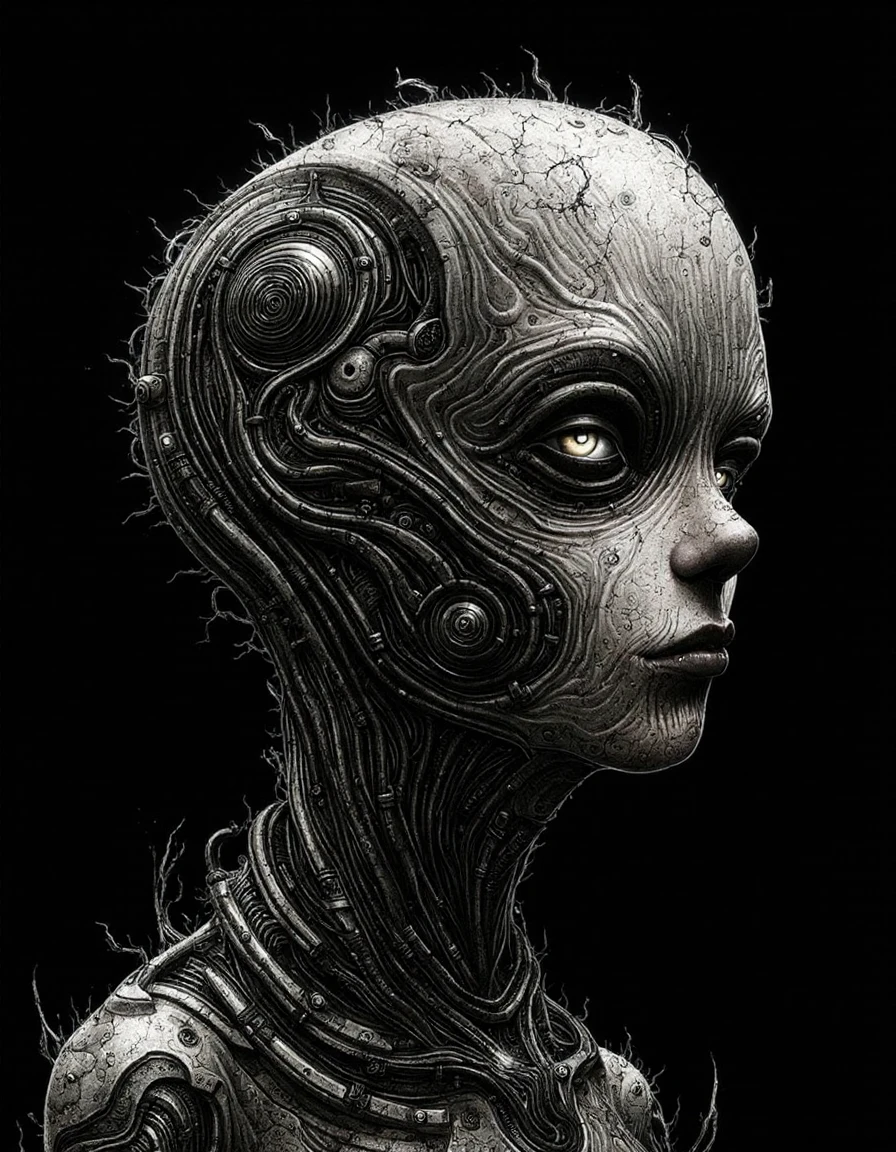 highly detailed drawing depicting a surreal, cybernetic humanoid with an eerie, robotic face. The figure's skin is a mesh of intricate, organic-like circuitry in dark, metallic tones. Its eyes are piercing and cold, surrounded by a halo of glowing, mechanical elements. The background is pitch black
 <lora:shichigoro2:1>