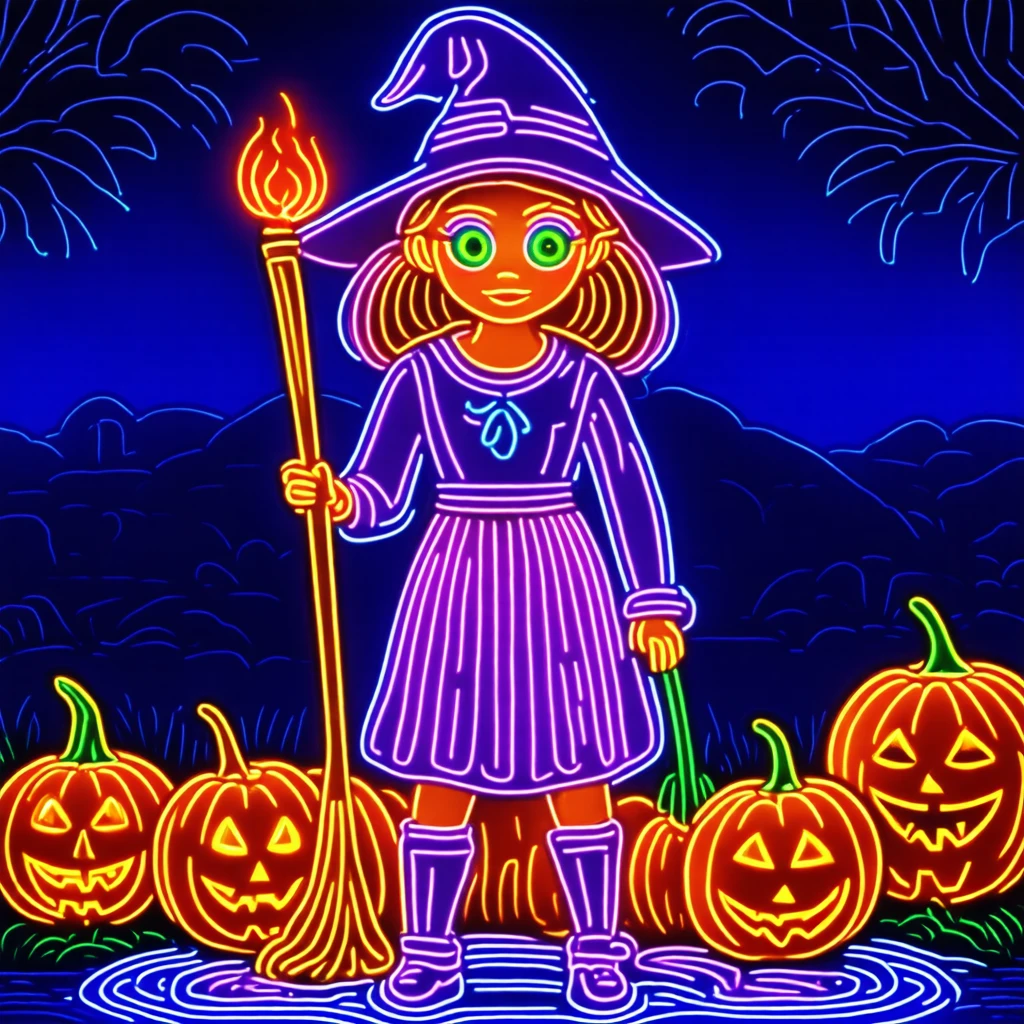 digital neon, The image features a cartoon witch character with pink hair and large eyes, standing in an outdoor setting. She is positioned slightly to the left of center within the frame. The background includes pumpkins on either side at various distances from her, suggesting it's fall or Halloween time. There are no vehicles visible; instead, there is a broom held by the witch and glowing torches that she holds one in each hand. It appears to be night due to the dark ambiance and artificial lighting illuminating the character and pumpkins behind her.