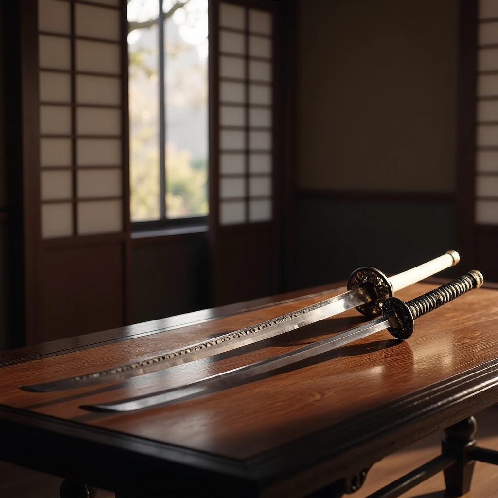 In an exquisite representation of realistic artistry, a beautifully detailed scene unfolds within a lavish and ancient Japanese palace. The subject of the image is a katana, meticulously crafted to capture every nuance and intricate detail in stunning clarity. The katana lies pristinely on a simple wooden table, its polished blade catching the soft light that filters through the tall, shoji-screen windows, creating dazzling reflections on the weapon's surface. The scene focuses intently on the katana itself, with an emphasis on capturing every facet of the intricate metalwork, delicate craftsmanship, and ornate hilt design. This masterpiece is a testament to the skillful hand that rendered it, transporting viewers into a bygone era where such beauty and tradition still reigned supreme.