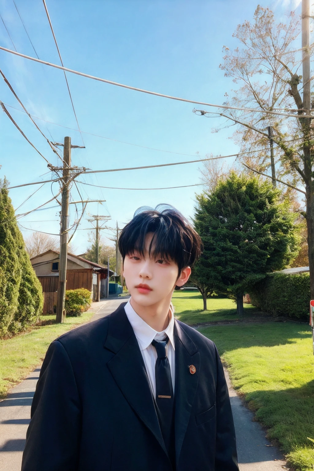 1boy, male focus, necktie, black necktie, outdoors, shirt, black hair, utility pole, jacket, collared shirt, sky, short hair, building, power lines, black jacket, day, upper body, blue sky, formal, tree, suit, bangs, 
<lora:add_detail:1>, <lora:Asian_Man_007:0.9>