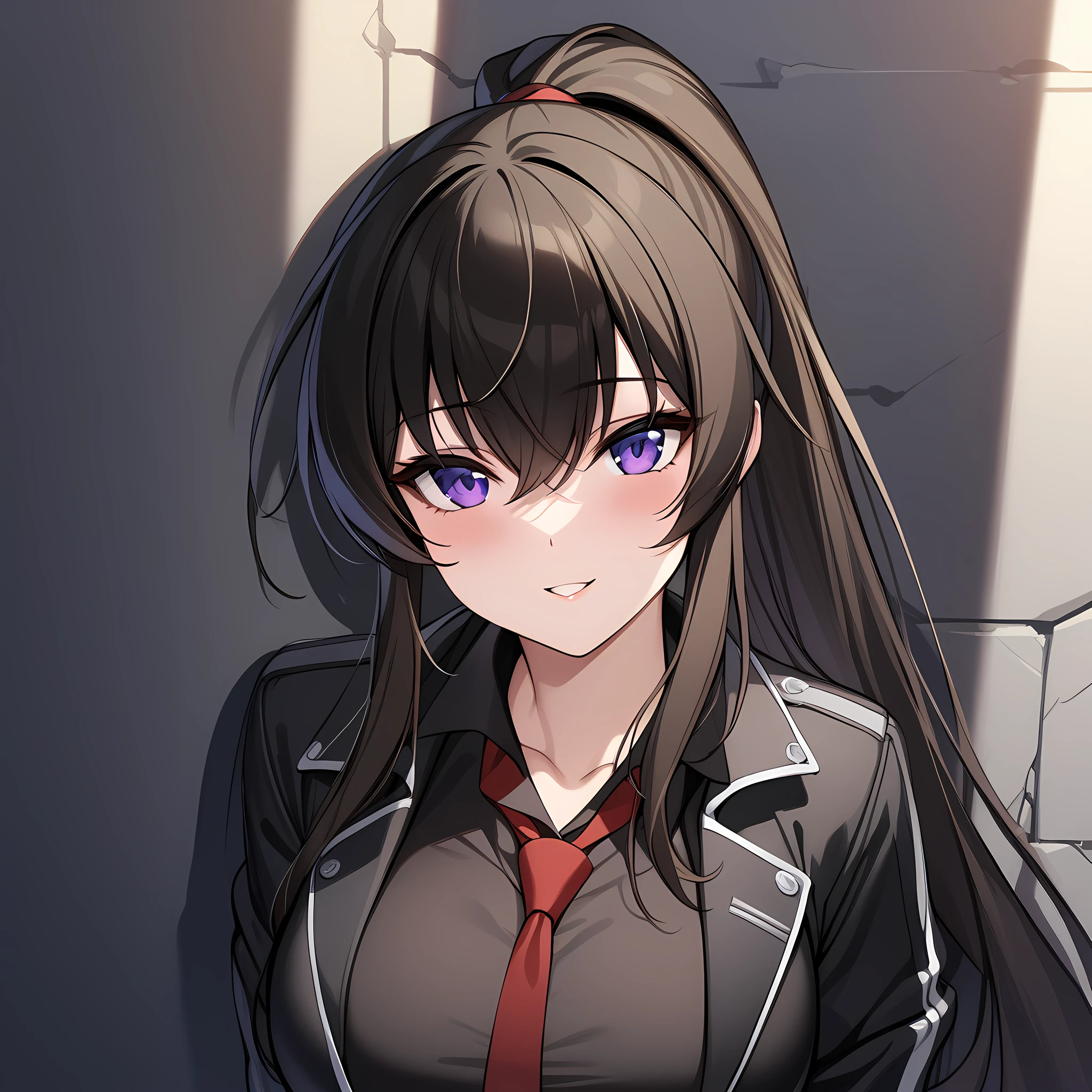 yoo_mina, 1girl, solo, long hair, purple eyes, gloves, necktie, black gloves, ponytail, skirt, jacket, shirt, portrait, close up, upper body, very long hair, black jacket, open clothes, black shirt, black footwear, leaning on the wall, dark alleyway background, looking at viewer, hands behind back, seductive smile, parted lips, <lora:Yoo_Mina:1>, (masterpiece),(best quality),(ultra-detailed),(best illustration),(best shadow),(absurdres),(detailed background),(very aesthetic),