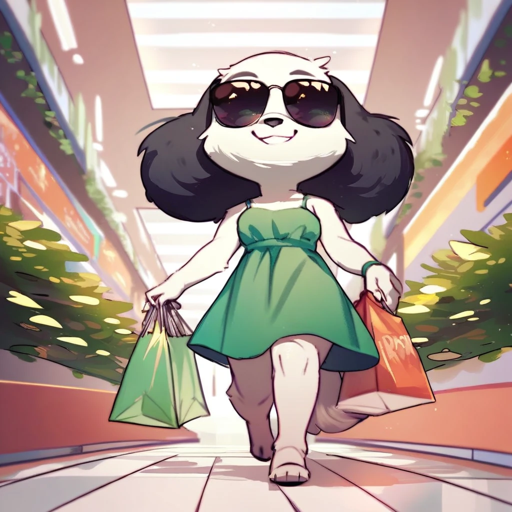 score_9, score_8_up, score_8, score_7, source_cartoon, source_furry, Dog, dog girl, dog ears, white fur, Black ear, black eyes, shortstack, black nose, short tail, fluffy tail, green sundress, sunglasses, holding shopping bag, smiling, walking, mall setting,