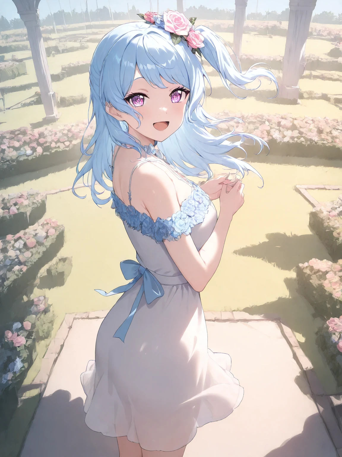 masterpiece,newest,absurdres,best quality,1girl,solo,purple eyes,blue hair,kanon matsubara,ribbon,long hair,hair flower,one side up,dress,standing,<lora:KanonMatsubara:0.8>,rose,garden,looking at viewer,:d,