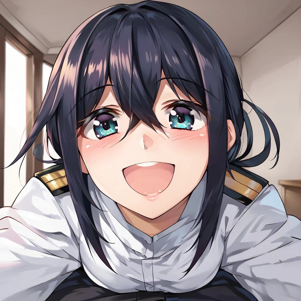 score_9, score_8, score_7, source_anime, female admiral (kancolle), military uniform, POV, looking at viewer, blush, smile, open mouth, upper teeth only