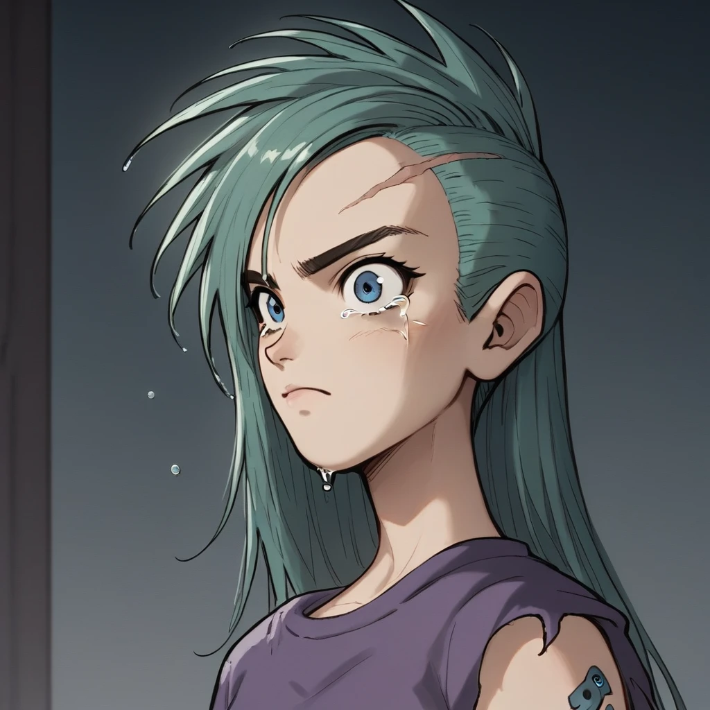 Score_9,score_8_up, score_7_up, source_anime, Xkimerax,1 young slim woman,stands alone on a deserted, rain-soaked highway under a star-filled night sky. Her turquoise-green hair clings to her face, wet and tangled, as raindrops stream down her cheeks, blending with the silent tears that fall from her eyes. She wraps her arms tightly around herself, her expression vulnerable, contrasting her usual fierce demeanor. Her torn, weathered clothes cling to her skin in the cold rain, and the blue seahorse tattoo on her arm is partially visible,broken t-shirt in stomach,