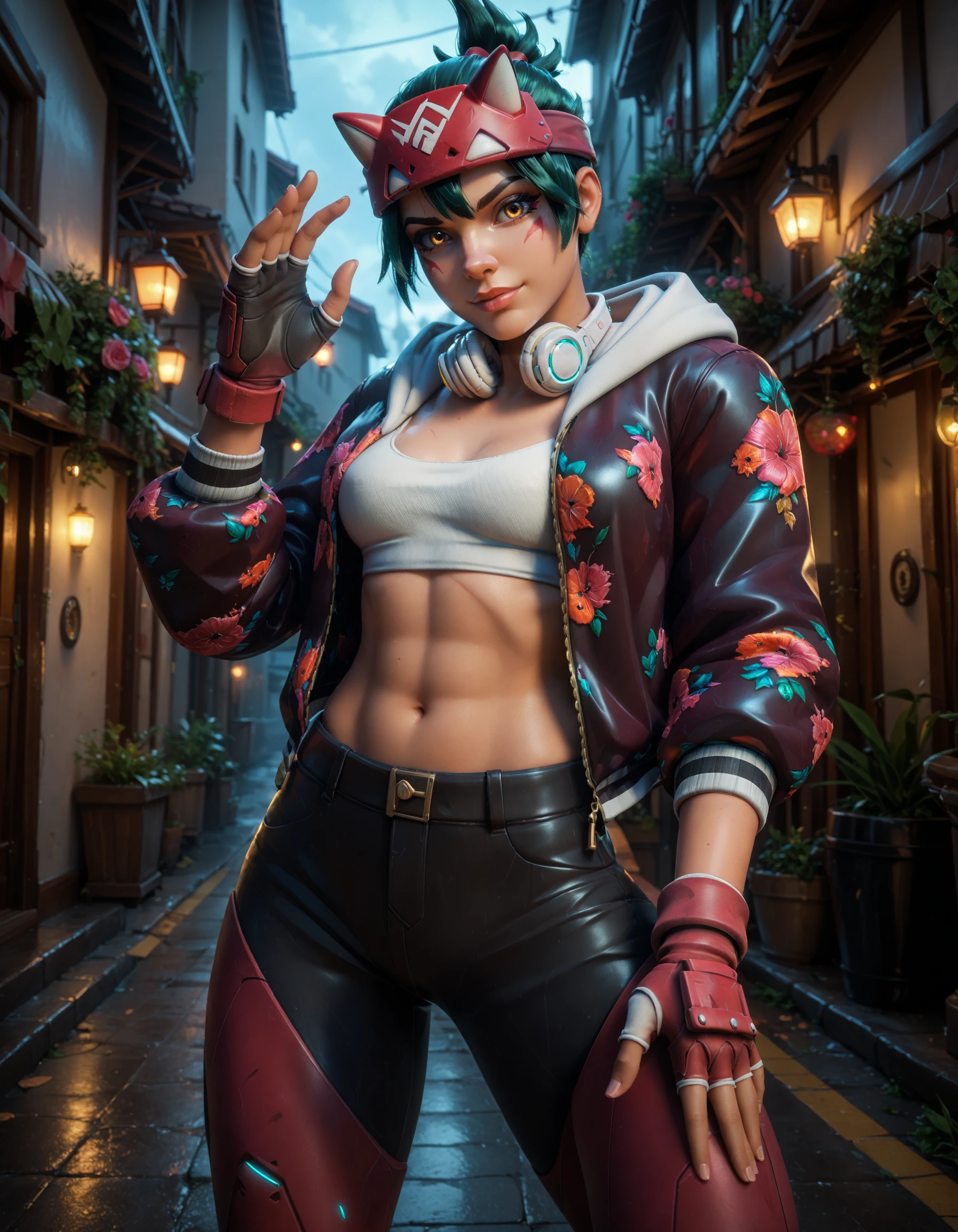 score_9, score_8_up, score_7_up, 1girl,   athleisure, kiriko (overwatch) , green hair, <lora:Athleisure Kiriko-000030:1>  Alluring Eye Contact: Hold the camera's gaze with a confident and seductive look drawing the viewer into your world. This pose exudes mystery and allure.