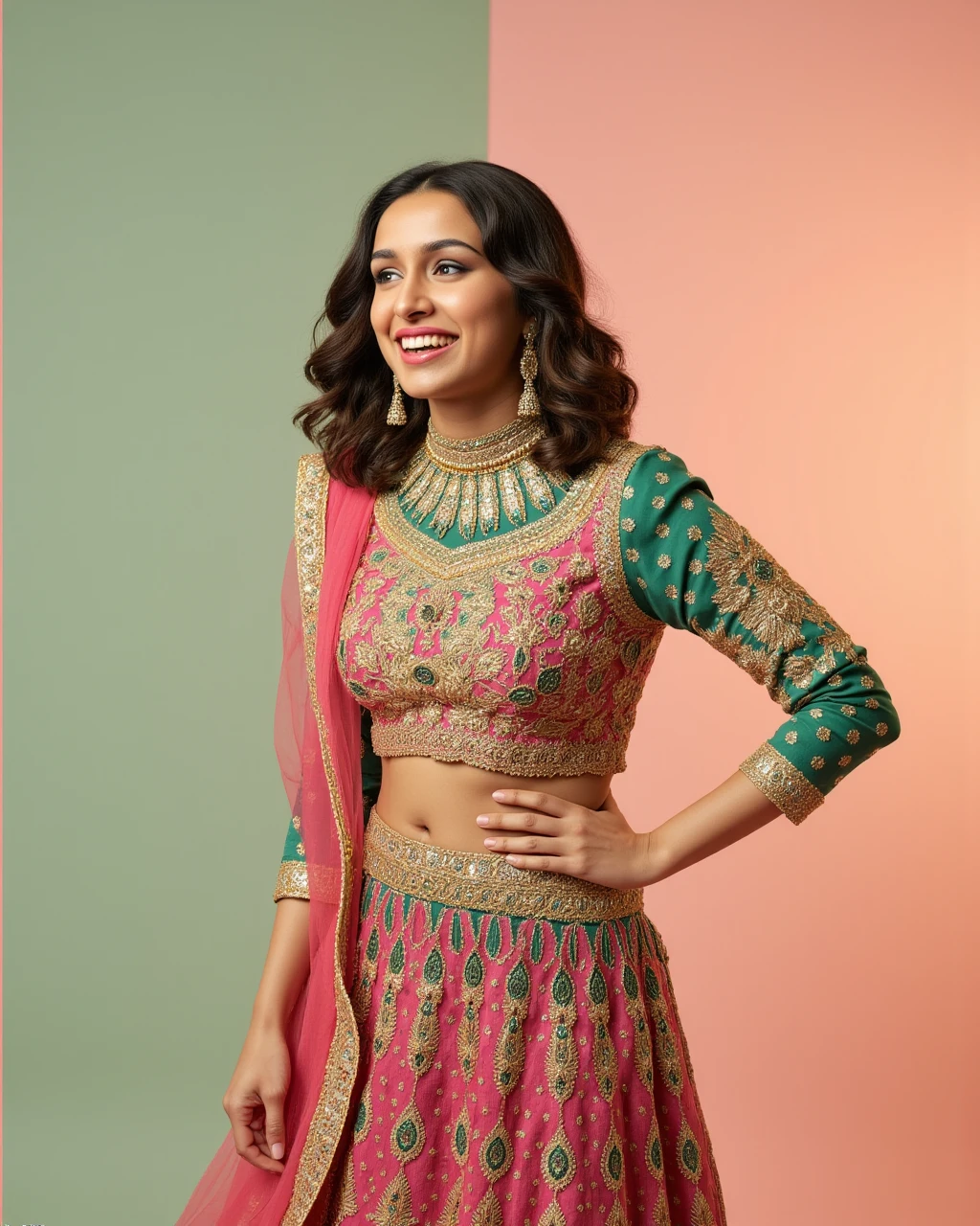 full body photo of a Shraddha Kapoor woman,candid photo with natural colors, laughing expression on face,studio quality, wearing intricate conservative turtleneck Jade Rajasthani Lehenga, curls, pastel shaded multicolored background, cinematic soft lighting<lora:TestBed\Shraddha_Kapoor_2024_Flux_Kohya_V1.safetensors:1.0:1.0>