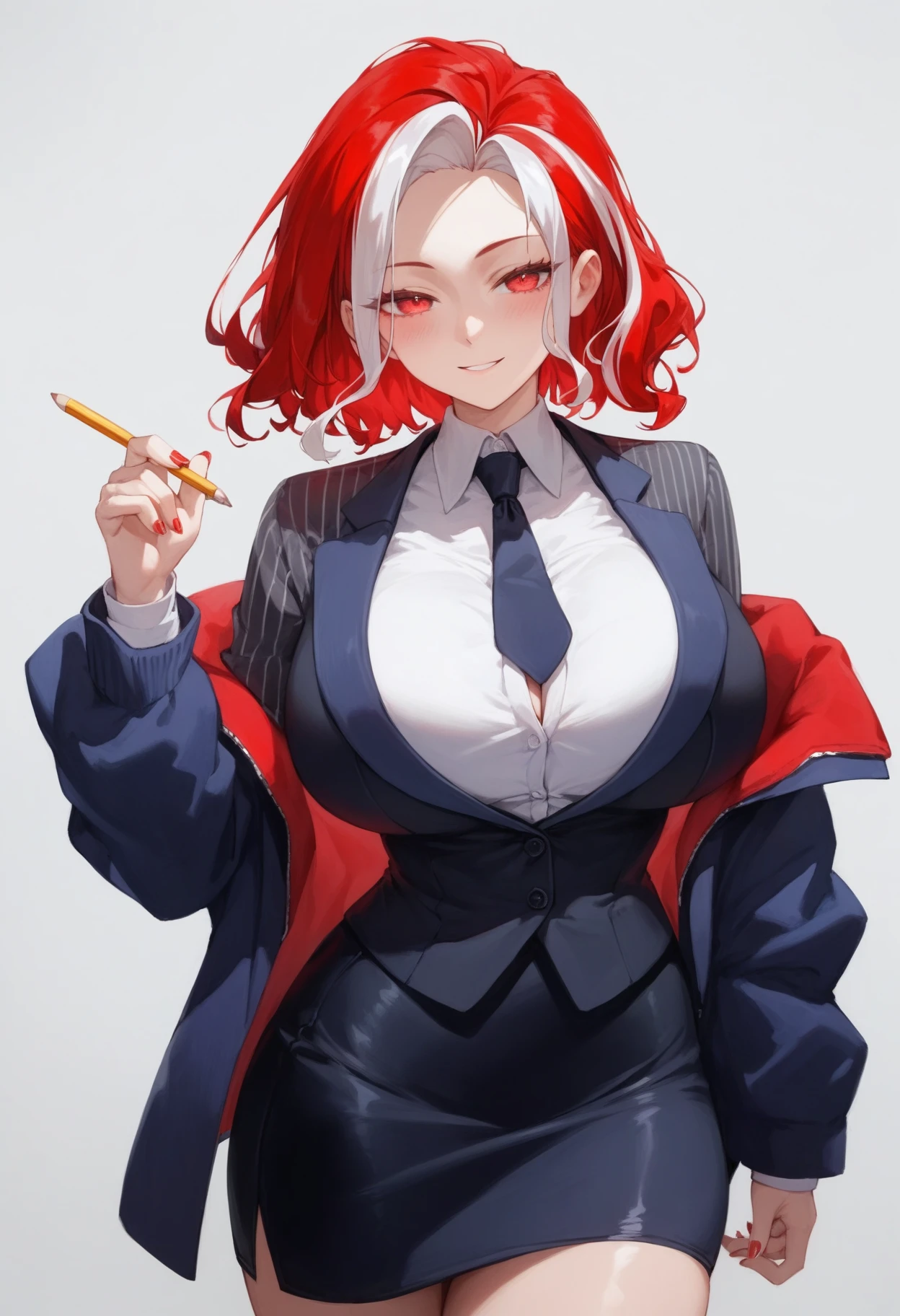 score_9,score_8_up,score_7_up,source_anime,1girl,majusakapony,two-tone hair, red hair,red eyes,huge breasts,suit jacket,necktie, pencil skirt, light smile, half-closed eye, blush,alternate costume,  