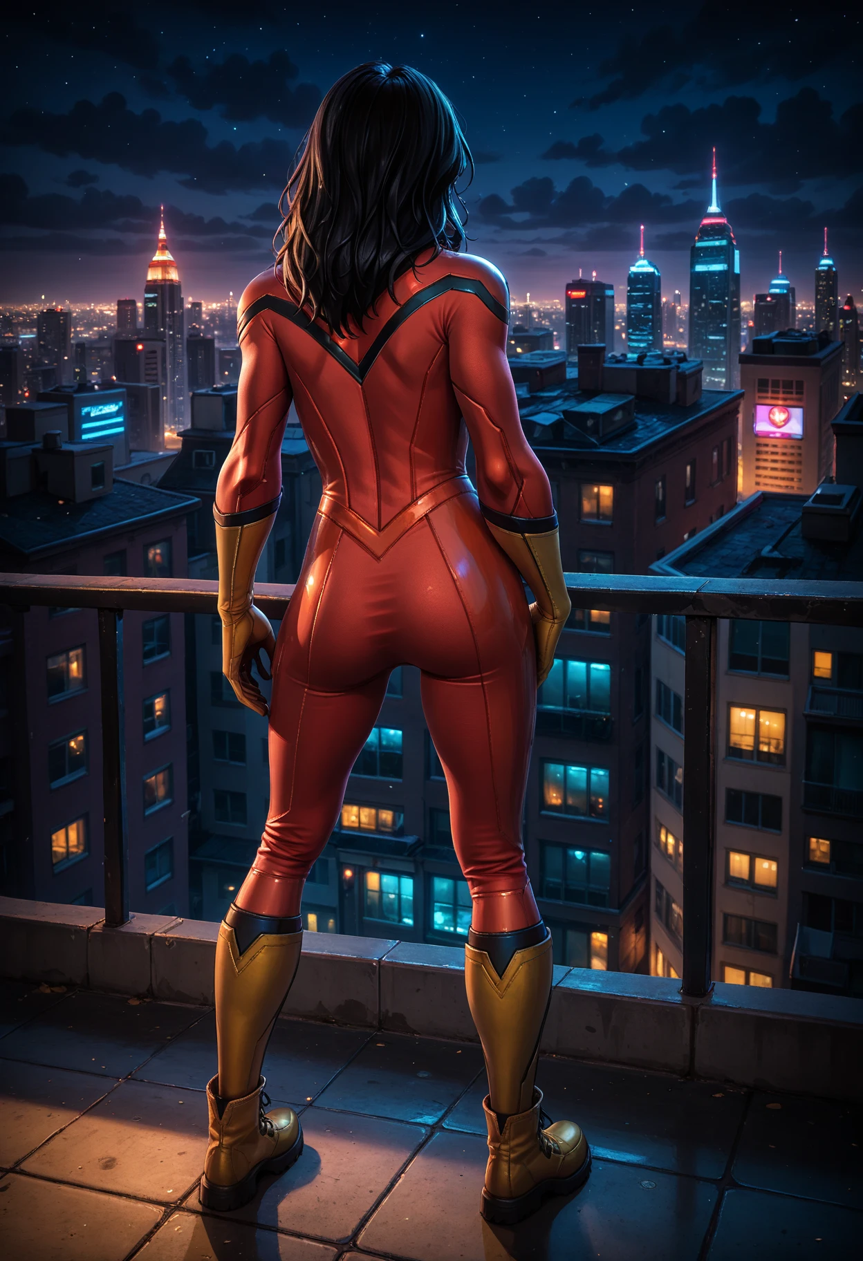 score_9, score_8_up, score_7_up, source_anime, BREAK solo, 1 girl, fnSp1der, red bodysuit, black hair, boots, gloves, mask, , solo, cityscape, rooftop, night, parted lips, hand on own hip, from behind, ass <lora:SpiderWomanFnPony:1>