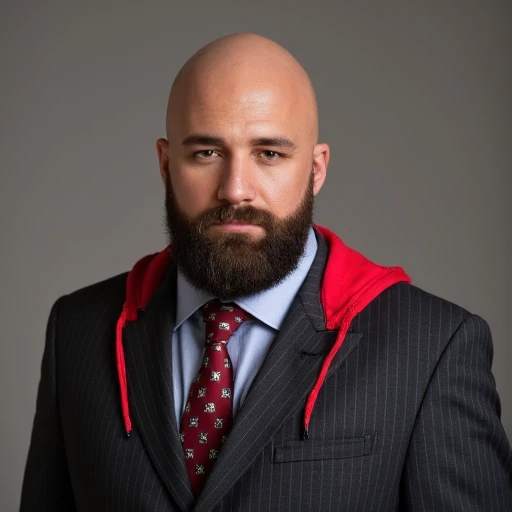 This is a high-resolution photograph of a bald man in a professional setting. The man is dressed in a formal business suit, suggesting she may be a woman with alopecia. She has a slender physique with small to medium-sized breasts. She is dressed in a vibrant red hoodie that is unzipped, neat beard, viewed from behind. The individual has a smooth, wearing a dark gray pinstriped suit jacket over a light blue dress shirt. He is sporting a maroon tie adorned with small, silver appearance. He has a serious expression and is looking directly at the camera., which has short