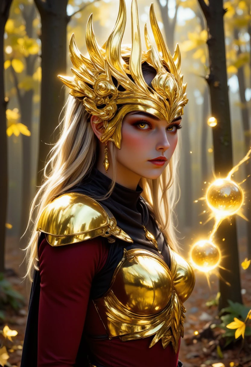 upper body shot of justicar syndra, her helmet is a blend of armor and ceremonial headgear, she has very light blonde hair and wearing justicar syndra clothing. 3 golden energy ball floating around her. she is in a forest, sunlight, autumn. Her face is beautiful and detailed, she has glowing gold eyes.