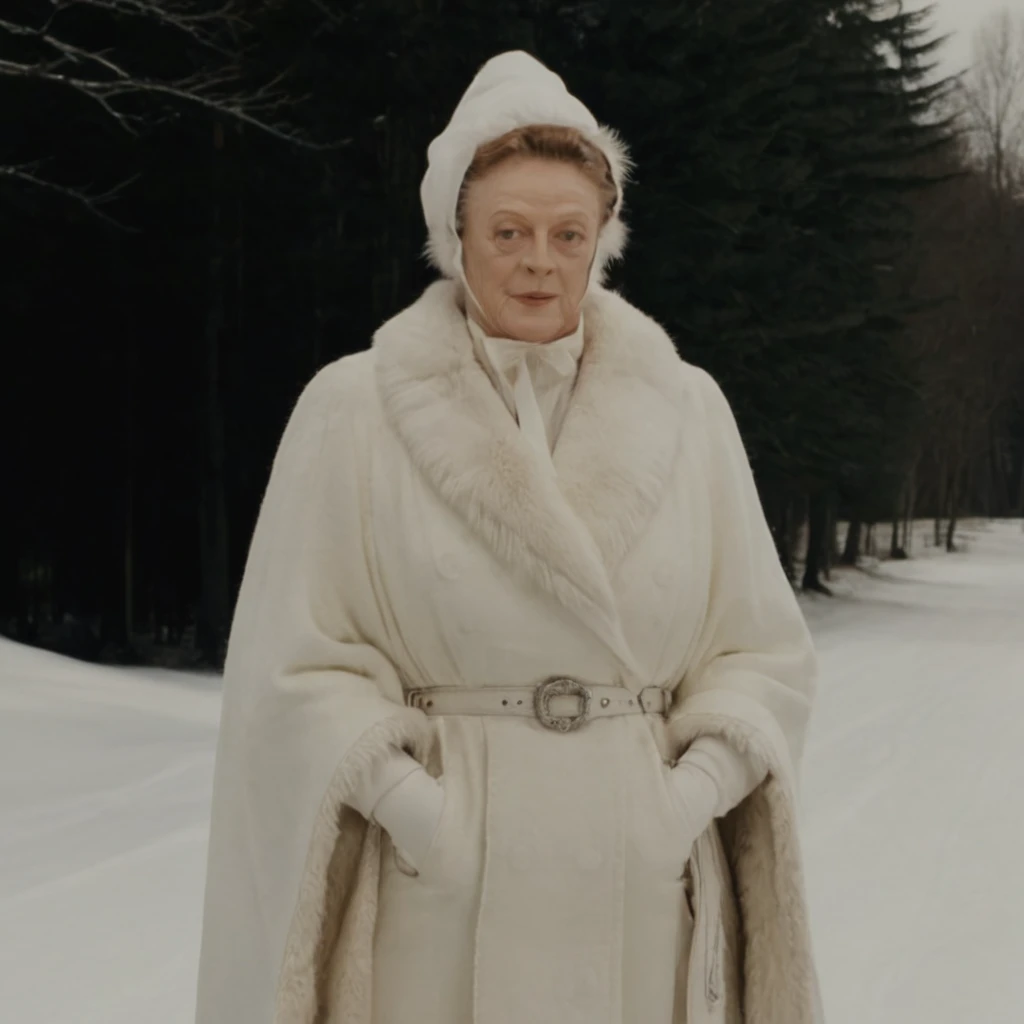 Minerva McGonagall, portrait, solo, single person, 1girl, modern 4K movie screencap, UHD 8K, Maggie Smith, white ushanka, oversized hood with fluffy edges, long white winter coat with fur edges, white fur trim,white snow shawl with fur edges, Waist Belt, Layered Design, white boots, gloves, cinematic angle, volumetric lighting