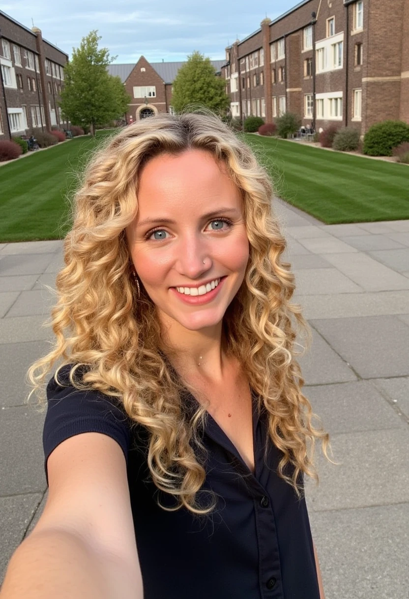 IMG_0101.jpg a selfie of suzannahlipscomb, a woman with gold blonde hair, outside on a university campus.