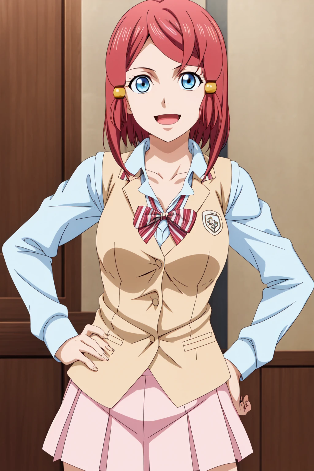 best quality, anime screencap, anime coloring, 1girl, solo, short hair, blue eyes, red hair, hair tubes, rose_sparrow, skirt, shirt, long sleeves, bow, school uniform, collarbone, white shirt, pleated skirt, striped, collared shirt, red bowtie, dress shirt, white skirt, striped bow, striped bowtie, (light brown vest:1.3), Standing with one hip popped out, one hand on the hip and a playful expression on the face, light smile, open mouth