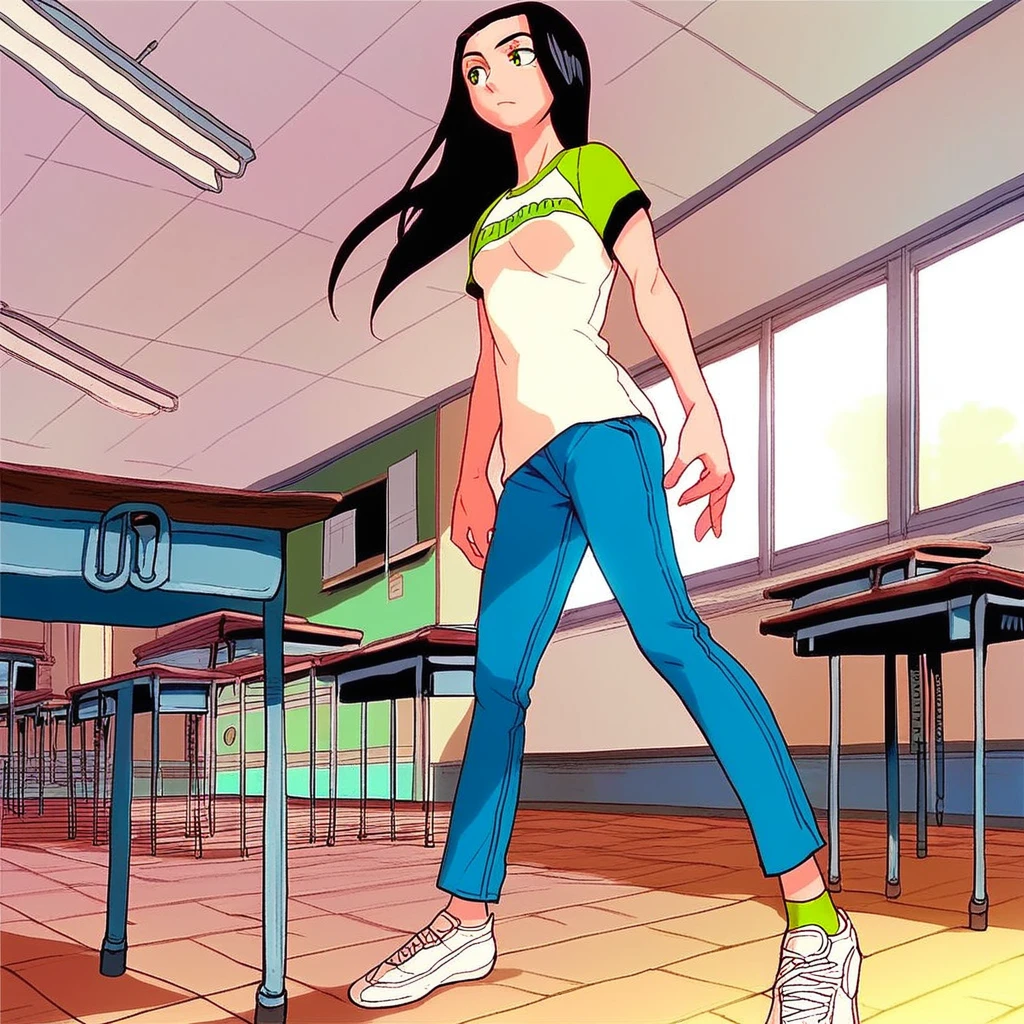 score_8, score_8_up, score_7_up, source_anime, anime screenshot, 1girl, female focus, solo, Caitlin_PP, black hair, long hair, green eyes, small breasts, t-shirt, print shirt, white shirt, raglan sleeves, green sleeves, jeans, blue jeans, short socks, green socks, sneakers, standing, desk, classroom, school desk, floor, ceiling light, window, indoors