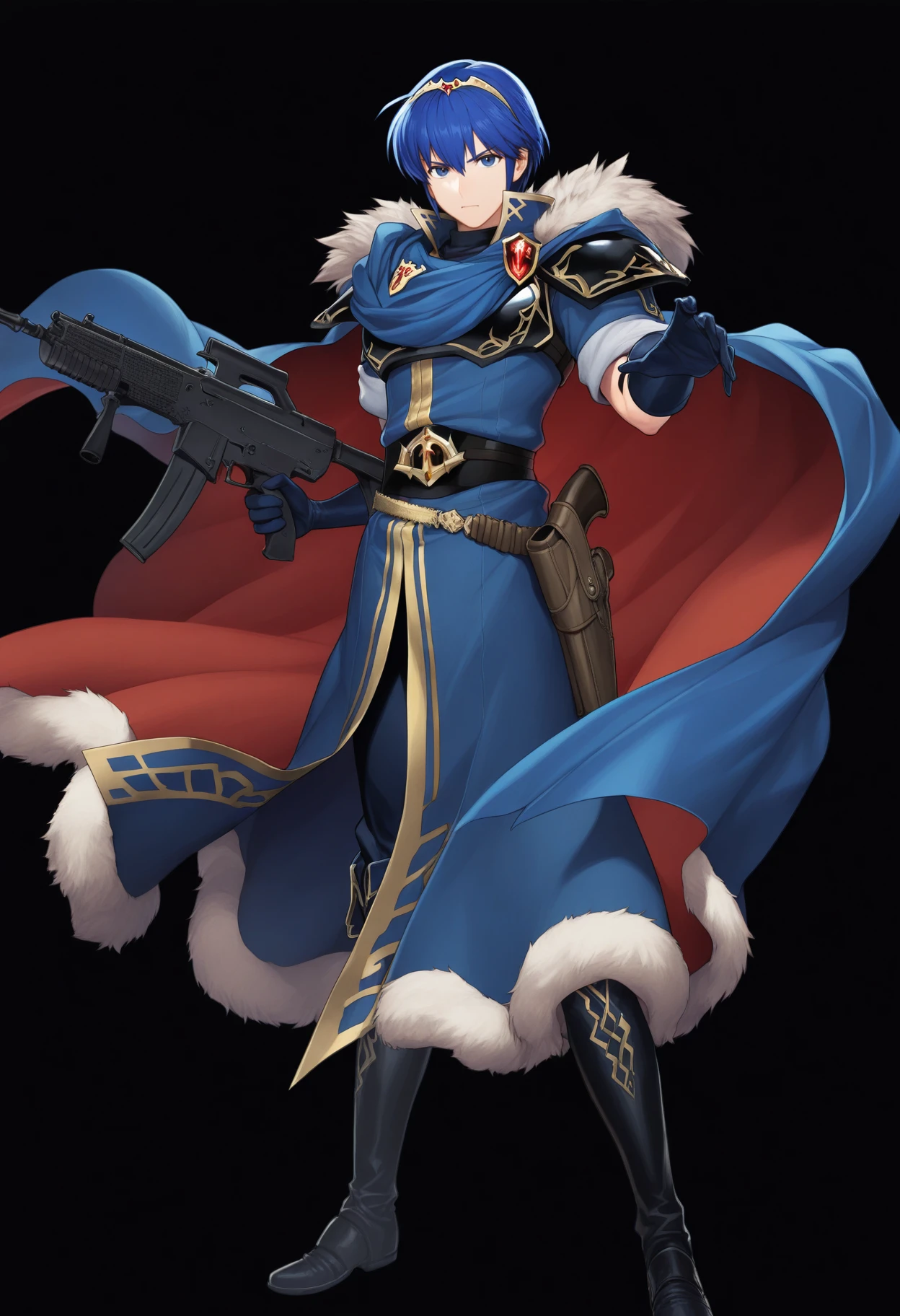 masterpiece, best quality, 1boy, male focus, solo, <lora:feh-style-richy-v1_ixl:1> fehatk, solo, looking at viewer, blue eyes, simple background, gloves, holding, blue hair, full body, boots, cape, holding weapon, coat, fur trim, holding gun, assault rifle, tiara, black background, holster, serious, marth \(fire emblem\)