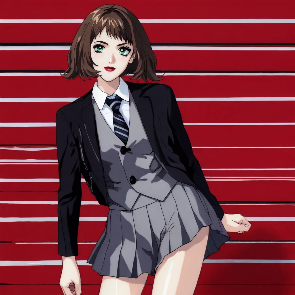 <lora:jungatchamanova_pony_v1:.8>Jun, 1girl, brown hair, short hair, green eyes,  lipstick, makeup, cowboy shot,  <lora:1014 Home wear 32_v1_pony:1> uanyi1014,black jacket,grey skirt,grey vest,pleated skirt,striped necktie,clasp,