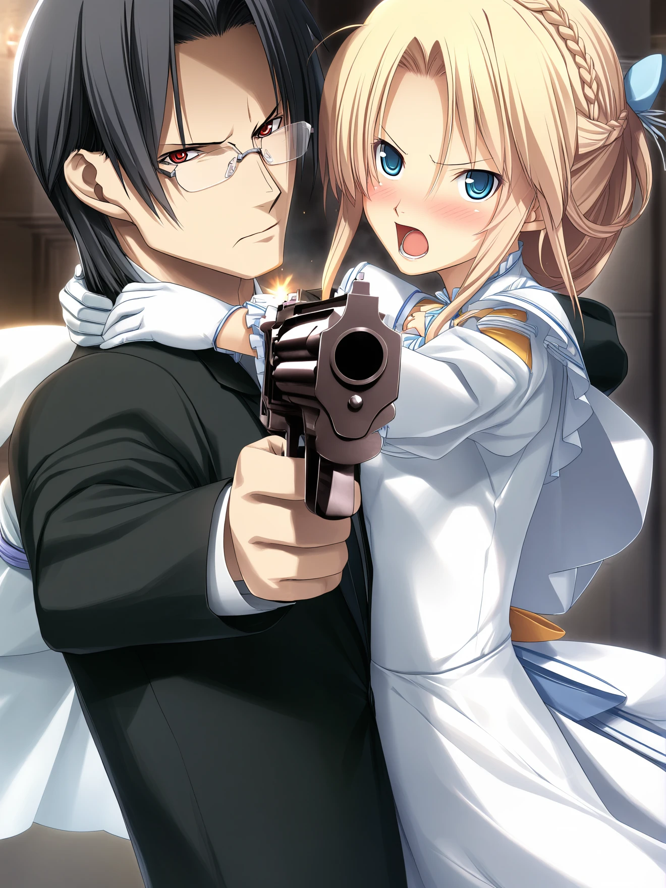 masterpiece, best quality, high quality, aesthetic, absurdres, insanely detailed,
1girl, glasses, 1boy, holding gun, red eyes, blonde hair, black hair, gloves, aiming at viewer, handgun, braid, open mouth, long hair, formal, short hair, blue eyes, hug, white gloves, blush, hetero, holding, suit, looking at viewer, angry, revolver, white dress, couple, hands on own chest, siblings, frills, long sleeves, serious, upper body, finger on trigger, firing, bullet hole, half updo, foreshortening,
<lora:chuo-higashi-guchi-style-xl_v1.0:1>