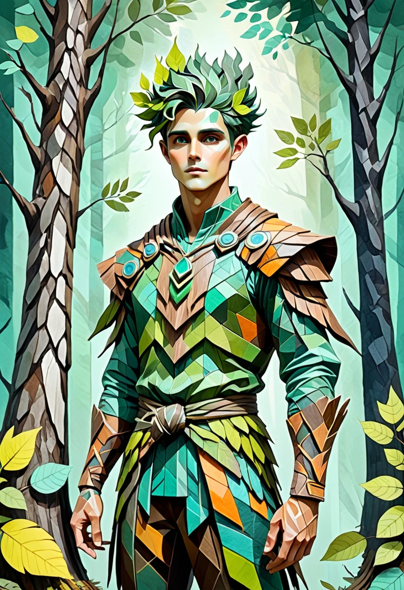 race character concept print, male, Dryad, bark-like skin, leaf hair, forest spirit, serene, tied to trees, natural, gouache, velvet, futurism style, Raised Texture, secondary colors, geometric pattern, thick brush stroke effect, smudge accents, asymmetrical, polished texture, weathered finish <lora:artfully_QUILTEDFANTASY:1>,