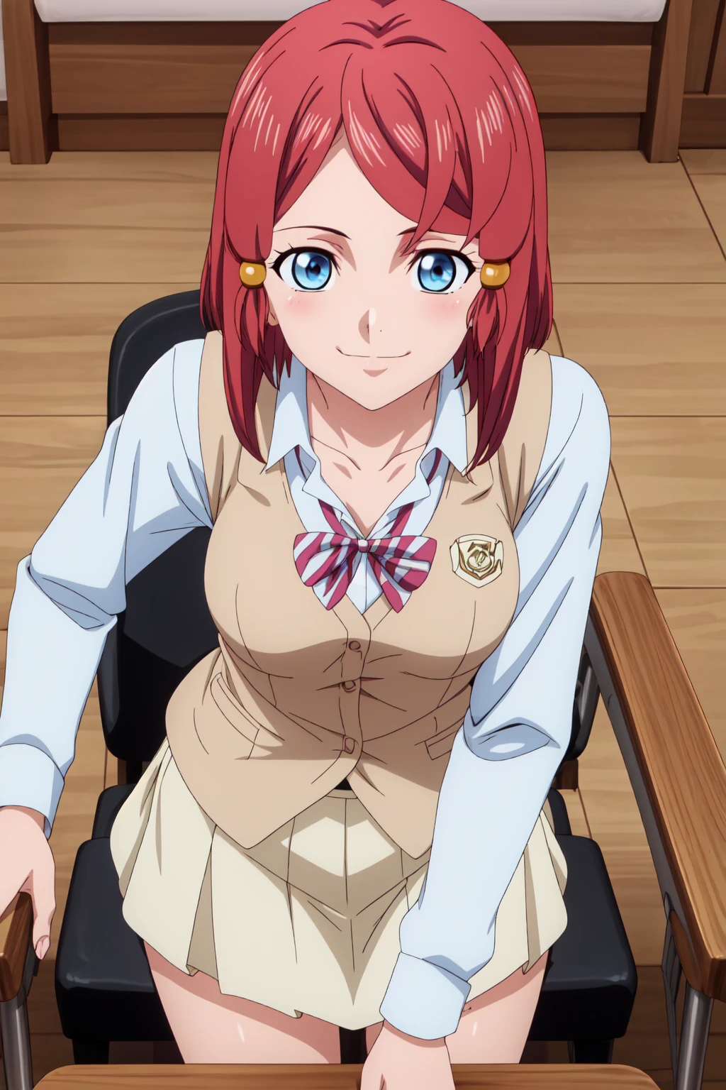 best quality, anime screencap, anime coloring, 1girl, solo, short hair, blue eyes, red hair, hair tubes, rose_sparrow, skirt, shirt, long sleeves, bow, school uniform, collarbone, white shirt, pleated skirt, striped, collared shirt, red bowtie, dress shirt, white skirt, striped bow, striped bowtie, (light brown vest:1.3), kneels on a plush chair, leaning slightly forward with a coy smile, creating an intimate atmosphere, smile, blushing, closed mouth