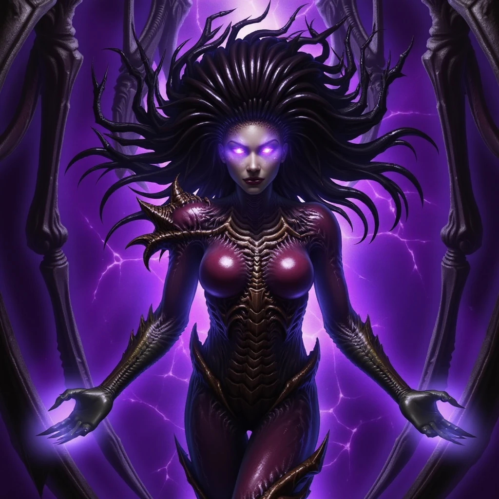 This is a highly detailed, digital fantasy artwork featuring a powerful, humanoid female figure with a menacing, otherworldly appearance. She stands in the center of the image, surrounded by a swirling, ethereal vortex of dark purple and black cosmic energy. Her skin has a dark, almost black tone, and her eyes glow with an intense, piercing light. She has long, flowing, dark hair that seems to be infused with the same energy as the background, giving it a fiery, electric texture.,