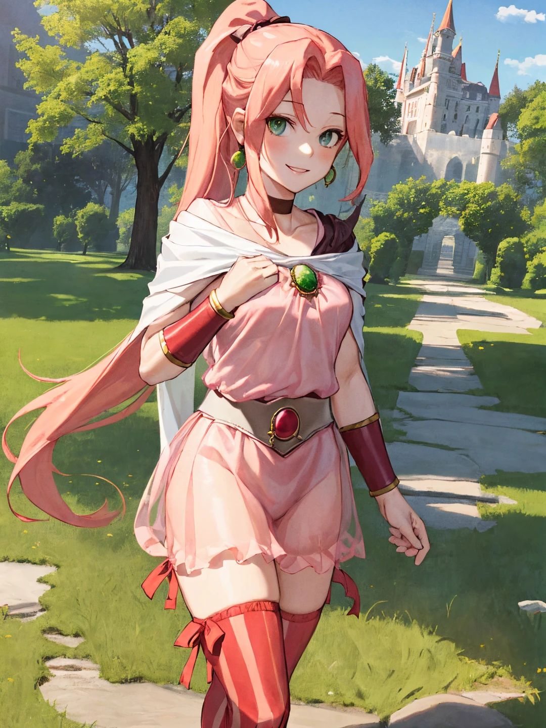 <lora:Porom_FFIVTAY_0R:0.7>
poromffivtay, green eyes, pink hair, long hair, high ponytail, ponytail, red hair ribbon, earrings, jewelry, choker
brooch, pink dress, see-through clothes, see-through dress, see-through skirt, belt, cape, bracelet, striped thighhighs, ribbon
masterpiece, best quality, ultra-detailed, detailed, detailed skin, absurdres, 8k, digital art
1girl, solo, facing viewer, standing, looking at viewer, smile, standing, cowboy shot
(outdoors, fantasy, castle, town, forest, lake, field, tree, bush, flower bed, street, stone floor)