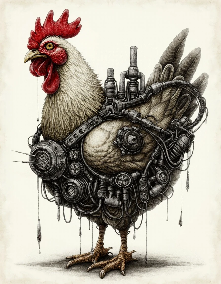 highly detailed drawing of steampunk chicken, heavily modified with industrial and mechanical elements.
 <lora:shichigoro2:1>