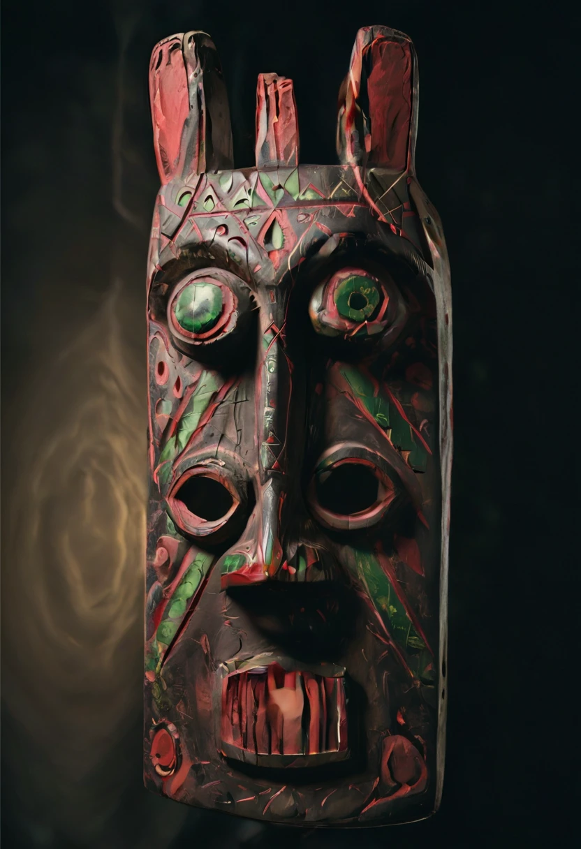 image of large - scale wooden carved mask on black background with red paint, showing face with black dots and green doting along a very sharp nose totempleating look is of eyes, ,,<lora:Tribal_Mask:0.85>, Tribal_Mask, tribal, mask, glossy paper, iso150,  35mm, score_9, score_8_up, score_7_up, close up, indonesian batik, tent skin, cultural clothing, windswept hair, facing viewer, detailed ornaments, ((light asian skin)), very detailed big eyes, intricate details, <lora:Hyperrealism style v3:0.5>, Hyperrealism style, 3d, concept-art, dreaminess, psychedelic, surreal, vibrant, shallow-depth-of-field, contemporary, soft bokeh, futuristic, other-worldliness, Unreal, real-time 3D, Epic Games style, Unreal Engine style, 3d-rendering, 50% ControlNet Canny