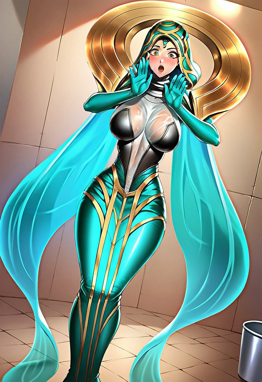 1girl, bathroom, completely wet clothes, Surprised face, looking at his own clothes, surprised pose, open mouth, see through, standing, upper body, blush, score_9, score_8_up, score_7_up, sona-odyssey, yellow eyes, hood up, large breasts, bodysuit, mature female, forehead jewel, gem, elbow gloves, dress, makeup, curvy, wide hips, thick thighs, dynamic angle, bucket of water overturned on the ground, trail of water falling on body, badcompzero style, splash art, body dripping water, overflowing with water