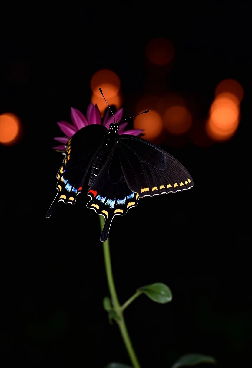 a photograph of a beautiful black butterfly on a black flower with glowing gold edges with elegant rainbow accents on the tips of its wings taken at night, with illumination from embers and flames in the background by AmeshinPhotographerPre2020