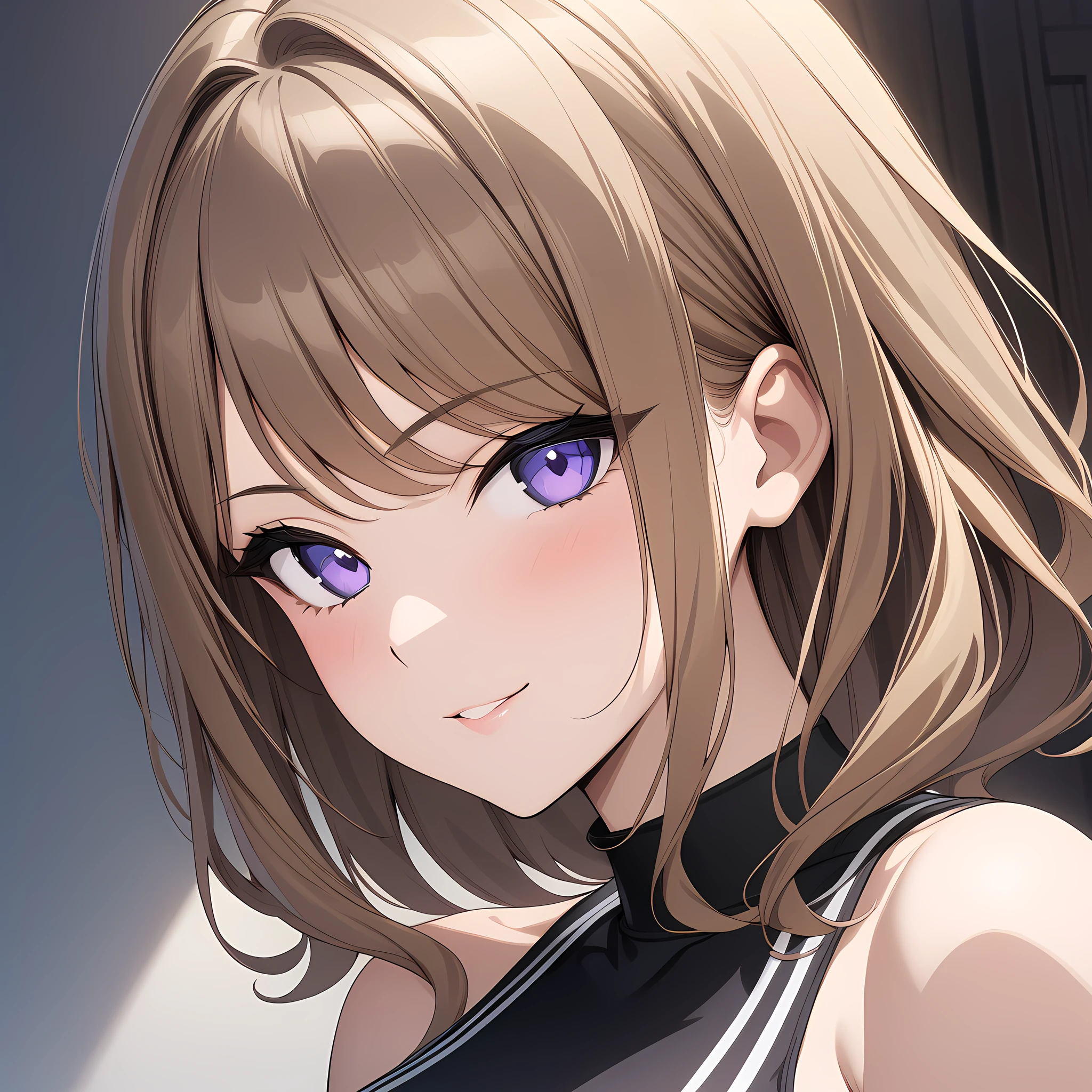 suminoe_shion, light brown hair, purple eyes, large breasts, bangs, black shirt, black sportswear, bare shoulder, knee guard, fingerless gloves, seductive smile, standing, from the front, upper body view, portrait, <lora:XL-SuminoeShion:1>, (masterpiece),(best quality),(ultra-detailed),(best illustration),(best shadow),(absurdres),(detailed background),(very aesthetic),