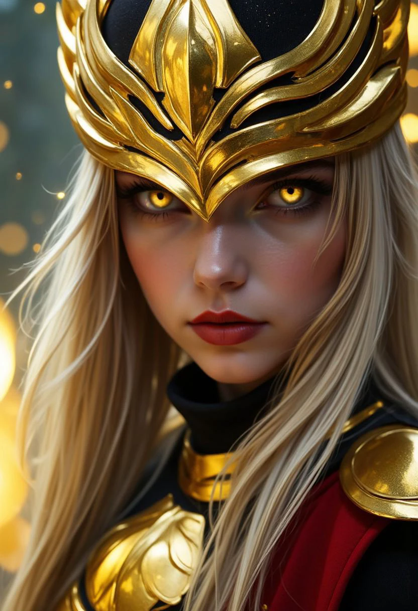 cinematic film still close up of the face of justicar syndra, Envision a hyper-realistic image of an enigmatic female light mage, supremely powerful, clear beautiful porcelain skin, unblemished skin,  her eyes twin white-gold supernovae, White red and gold flames consumed her irises, . she is a living conduit of magic.  Her long flowing hair is light blonde. the winds of magic form behind her, expression of pure rage. she is wearing a gold ornate headpiece that resembles a helmet, small red and gold glitters flowing aroung her beautiful face. shallow depth of field, vignette, highly detailed, high budget, bokeh, cinemascope, moody, epic, gorgeous, film grain, grainy