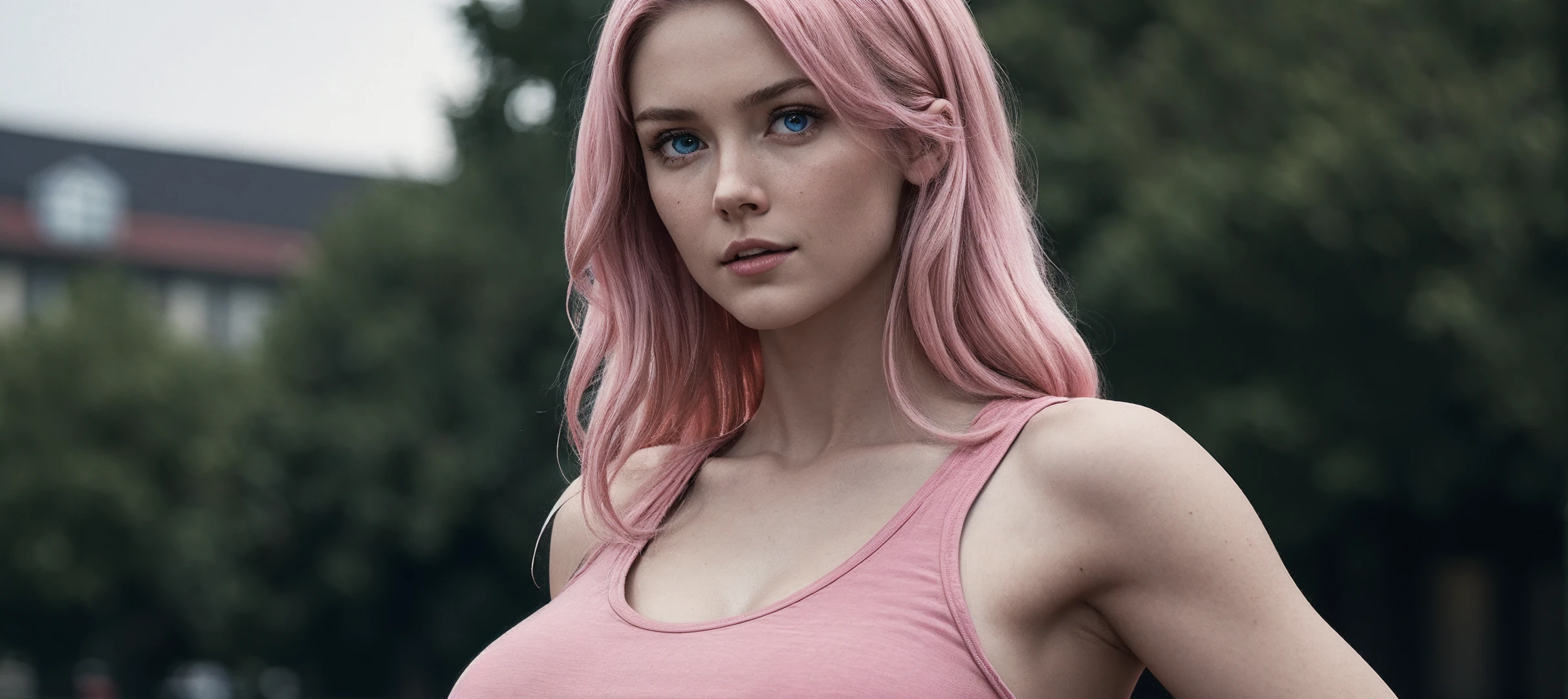 1girl,solo,chinese,long hair,pink hair,blue eyes,(closed mouth),huge breasts,tank top,looking at viewer,blue sky,day,simple background,((blurry)),depth of field,portrait,((realistic)),Highly detailed,(ultra-detailed),(best quality,masterpiece:1.5),<lora:dark:0.8>,