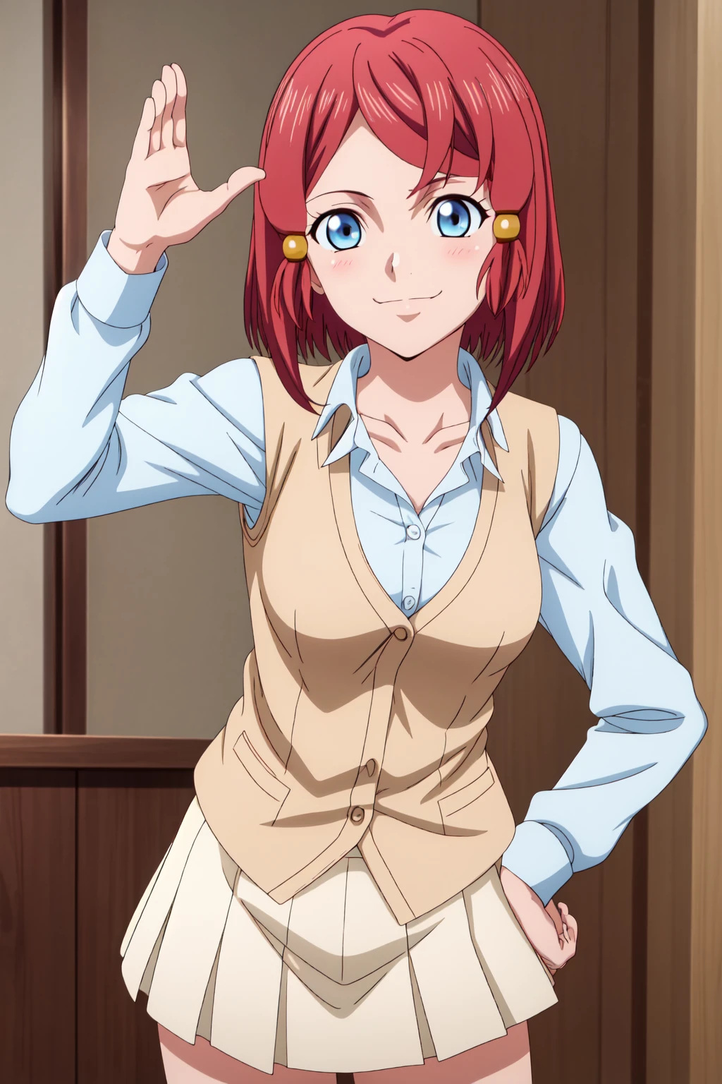 best quality, anime screencap, anime coloring, 1girl, solo, short hair, blue eyes, red hair, hair tubes, rose_sparrow, skirt, shirt, long sleeves, bow, school uniform, collarbone, white shirt, pleated skirt, striped, collared shirt, red bowtie, dress shirt, white skirt, striped bow, striped bowtie, (light brown vest:1.3), Standing with feet apart, raising one hand up high while the other rests on the hip, looking confidently at the camera, smile, blushing, closed mouth