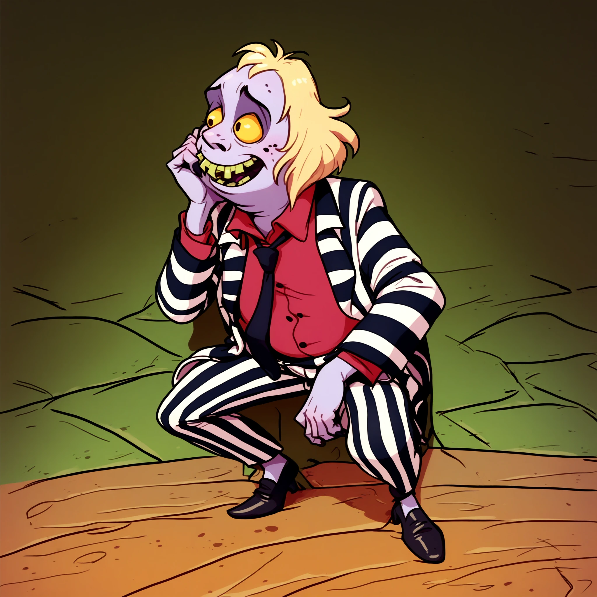 <lora:Artist_Style_-_LilBoots_PDXL:1> lilboots-dh, score_9, score_8_up, score_7_up, score_6_up, spooky house, horror \(theme\), full body,
 <lora:Beetlejuice_Animated:0.5> beetlejuice, 1boy, solo, grey skin, yellow eyes, teeth, blonde hair, striped suit, red shirt, necktie, warts