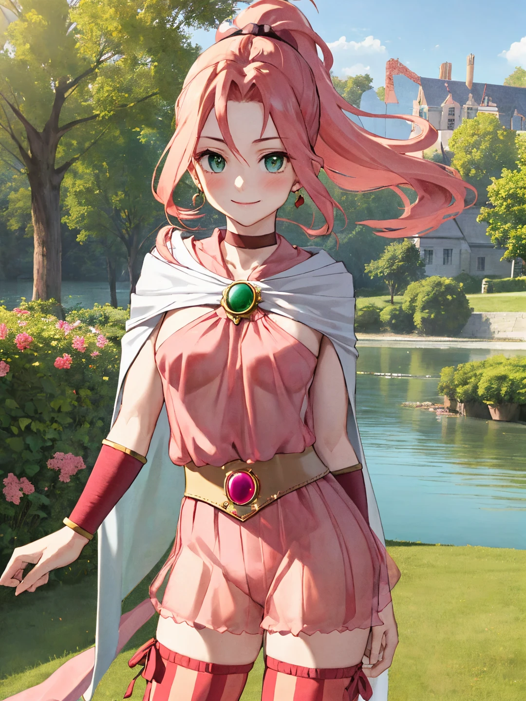 <lora:Porom_FFIVTAY_0R:0.7>
poromffivtay, green eyes, pink hair, long hair, high ponytail, ponytail, red hair ribbon, earrings, jewelry, choker
brooch, pink dress, see-through clothes, see-through dress, see-through skirt, belt, cape, bracelet, striped thighhighs, ribbon
masterpiece, best quality, ultra-detailed, detailed, detailed skin, absurdres, 8k, digital art
1girl, solo, facing viewer, standing, looking at viewer, smile, standing, cowboy shot
(outdoors, fantasy, castle, town, lake, field, tree, bush, flower bed, street, stone floor)