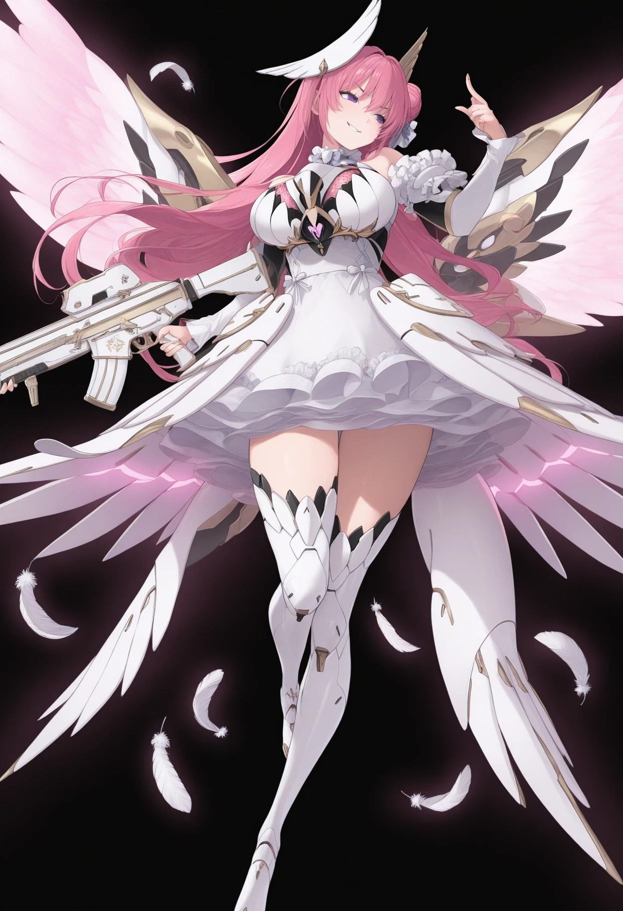 masterpiece, best quality, 1girl, solo, <lora:feh-style-richy-v1_ixl:1> fehspc, full body, black background, gun, white assault rifle, <lora:dorothy-nikke-richy-v1_ixl:1>dorothyalt, pink hair, long hair, hair bun, braid, purple eyes, headgear, hair ribbon, hair ornament, chest jewel, see-through, large breasts, white dress, frilled choker, frills, detached sleeves, thighhighs, mechnical wings, feathers, smile, smirk