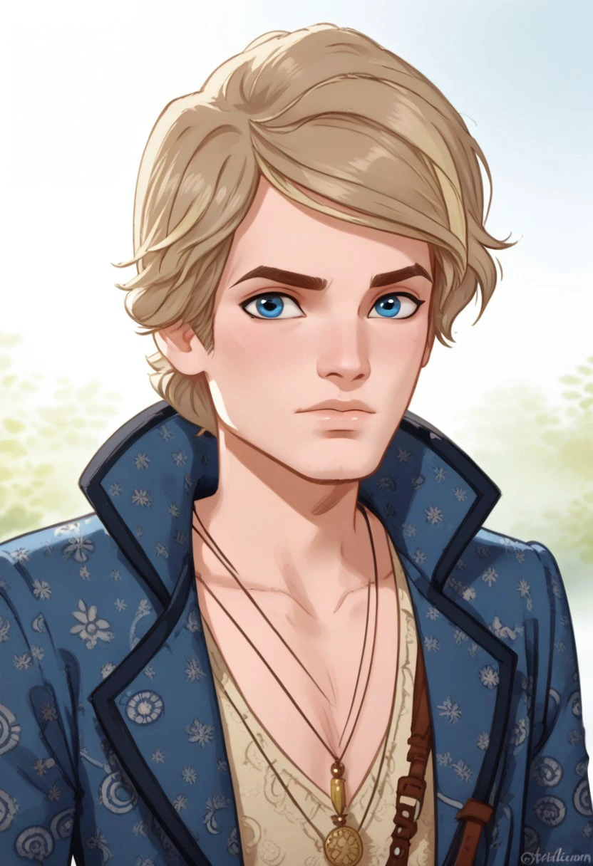 Alistair Wonderland, Blonde hair, blue eyes, male, wavey hair, blue coat, necklace, portrait